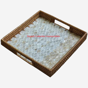 Bandeja para servir de ratán Natural hecha a mano con incrustaciones de concha de nácar, bandeja redonda ecológica para café, té y frutas para decoración del hogar - Product Image 2