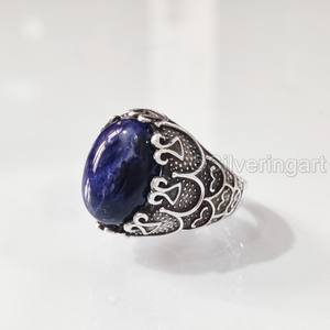 Anillo de Piedra Natural para Hombre, Piedra Preciosa de Sodalita Azul, Todos los Tamaños, Joyería Árabe para Boda, Anillo de Plata de Ley 925 - Product Image 4