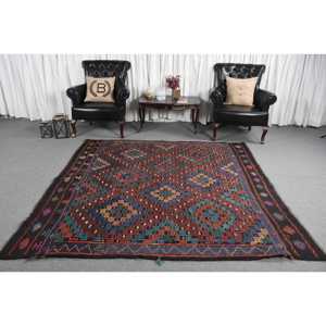 Alfombra Grande Vintage, Alfombra Turca de 6.8x7 pies, Alfombra de Lana con Diseño Floral Azul - Product Image 2