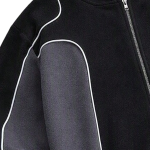 Mens Oversized <b>Black</b> <b>Fleece</b> Zip Hoodie Jacket Solid Contrast Grey Panels White Piping Casual Warm Winter Streetwear Outerwear - Product Image 5