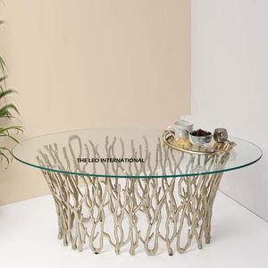 Mesa de centro única en forma de mariposa con tapa de vidrio y base de metal de aluminio, mesa de centro decorativa con acento - Product Image 5