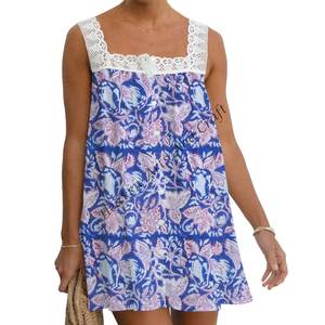 Casual Cotton Floral Hand Block Printed Indian Block-Print Luxury Romantic Sleeveless Tunic Lace Top Breathable Fabric Girls - Product Image 2