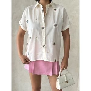 Blusa de Mujer TOPSHOW, Bordada, 100% Algodón Tejido, Corte Holgado Informal, para Venta al Por Mayor, Color Piedra - Product Image 4