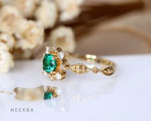 Round-Shaped Lab Grown Emerald Ring Handcrafted in 10K Solid Gold Vintage Emerald Wedding Ring Customized Metal Tone/Purity - Product Image 4
