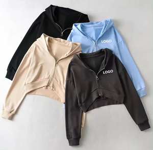 Sweat à capuche court zippé pour femme, 100 % coton, coupe ample, broderie frontale, design uni, effet délavé soleil, délavage acide, hiver - Product Image 1