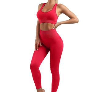 Conjunto de entrenamiento de dos piezas para mujer Spandex/nailon transpirable Sujetador deportivo sin costuras mallas sólidas cintura elástica compresión para Yoga gimnasio - Product Image 2