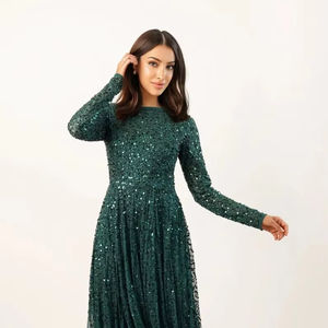 Elegante vestido de cóctel largo con cuello en V vestido de fiesta con manga larga patrón de lentejuelas con cuentas de cristal HECHO DE Poly Formal - Product Image 1