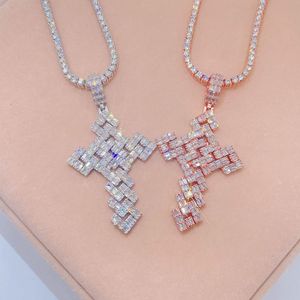 Colgante de Cruz de moissanita de Baguette de plata esterlina con cadena de tenis de 3mm | Joyería de hip hop - Product Image 1