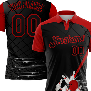 Camiseta Polo Sublimada Personalizada con Diseño de Bolos en Rojo y Negro, Personalizada con el Nombre del Equipo y el Número del Jugador para Deportes - Product Image 3