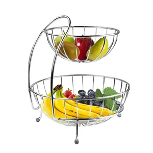 Modern Made in India at Cheap Price Metal Stainless Steel Silver 2 Tire Wire Fruit Basket Round Shaped for Kitchen Dining Table