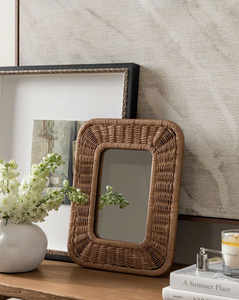 Wall Mirror With Thick Frame Rectangular Natural Wicker Adds Personality To Your Wardrobe Or Display <b>Shelf</b> - Product Image 5
