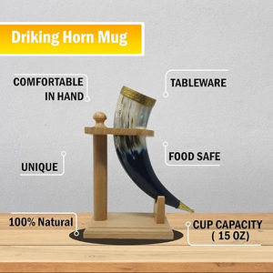 Vaso de cerveza de cuerno de buey inspirado en Viking 100% jarra sin fugas cerveza vino chupito abrebotellas hecho a mano soporte de madera Natural COMBO - Product Image 2