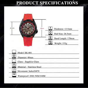 Fournisseur de montres mécaniques squelette personnalisées avec logo OEM, mouvement automatique NH70, 40 mm, acier inoxydable, saphir, bracelet en caoutchouc pour homme - Product Image 2