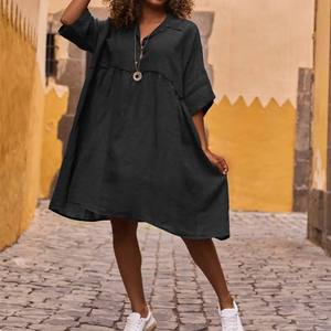 Haute qualité femmes Vintage coton lin robes été solide à manches courtes robes mi-longues dames décontracté chemise ample robe - Product Image 6