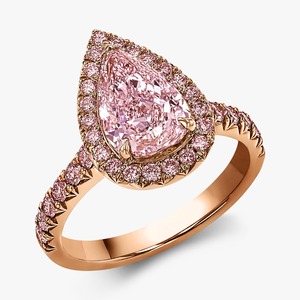 Bague de fiançailles pour femme 2ct Fancy Pink Lab Grown Diamond poire et forme ronde Solitaire Halo avec accent en or rose 14K - Product Image 1