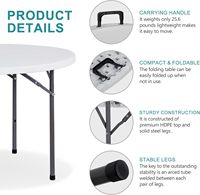 Table ronde pliante moderne en HDPE de 5 pieds - Pour mariages et banquets en extérieur, portable, facile à transporter, 8-10 places