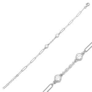 Round with Baguette Zircon Stone Design <b>Charm</b> Bracelet Turkish Handmade Wholesale 925 Sterling Silver Jewelry - Product Image 2