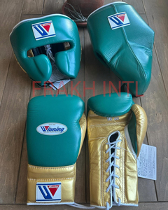 Nouvel ensemble de boxe gagnant sur mesure fait professionnel Pro poinçonnage vert et doré ensemble de combat gagnant ensemble de boxe en cuir véritable - Product Image 1