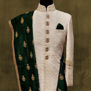 Elegant Brocade Sherwani Heavy Stole Gold Zardozi Embroidery Plus Size Breathable Wedding Dress Matching Shoes 2022 Collection - Product Image 1