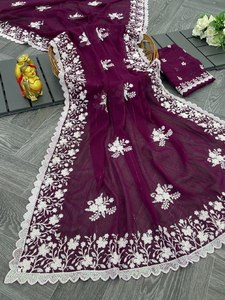 Nuevo Sari de Diseño Estilo Bollywood, Completamente Bordado con Lentejuelas, de Georgette de Alta Calidad, para Fiestas y Festivales, Venta al Por Mayor - Product Image 6