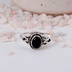 Black Onyx Natural Oval Cut Clear Oxidized Sterling <b>Silver</b> <b>Rope</b> Border Filigree Ring Vintage Style Luxury Jewelry Gift - Product Image 1