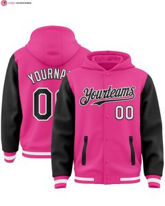 Veste à capuche bicolore de haute qualité noir rose-blanc Full-Snap Varsity Letterman 100% coton broderie placement avant - Product Image 6