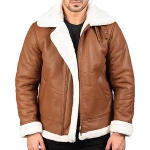 Blouson en cuir bombardier pour homme, manteaux et vestes en cuir marron avec col en fourrure de mouton véritable - Product Image 1