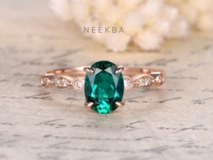 6*8mm ovale coupe laboratoire-cultivé émeraude 14K solide bague en or rose Solitaire fait à la main bague de fiançailles forme ovale mai naissance-bague en pierre - Product Image 2