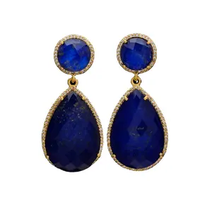 Küpe Lapis Lazuli Doublet & beyaz Cz damla taş altın kaplama küpe