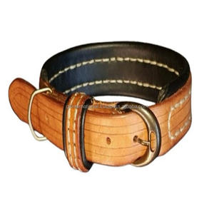 Collar de perro acolchado de cuero marrón de lujo de doble costura con costuras de doble contraste y accesorios de níquel ajustables tamaños personalizados - Product Image 1