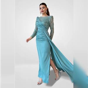 Robe de soirée en satin Celeste Elegance, longueur ras du sol, coupe trapèze, avec taille naturelle, drapé à plusieurs niveaux, décorations en strass et perles - Product Image 1