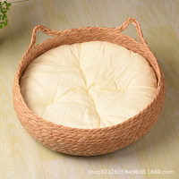 Nid en paille naturelle tissé à la main, maison pour animaux de compagnie, lit chaud pour chat en hiver, griffoir pour chat, nid pour chien avec coussin doux