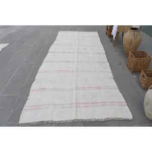 Alfombra Turca Vintage de Lana Blanca, 4.5x11.3 pies (137x345 cm) - Product Image 1