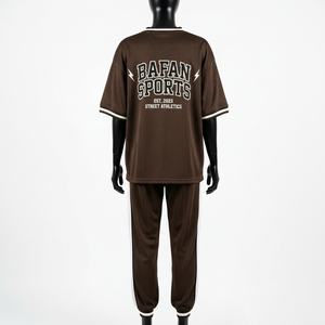 Ensemble pantalon en jersey maille polyester premium 180 GSM marron avec col et poignets contrastants à logo pour femme - Product Image 5