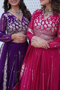 2024สำหรับฤดูร้อนเทศกาลการทำงานของผู้หญิงฟรีไซส์ lehenga choli เสื้อคอวีสุนัขจิ้งจอกหนักเย็บปะติดสีพื้น - Product Image 5