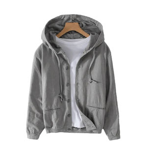 <b>Men's</b> Thin Canvas <b>Linen</b> Light Luxury Casual Hooded Varsity <b>Jacket</b> with Single Button Closure Pure Color Front Logo for Spring - Product Image 2