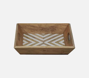 Plateau rectangulaire décoratif de luxe fait main en os incrusté, rose et blanc, avec motif géométrique complexe en treillis - Product Image 4