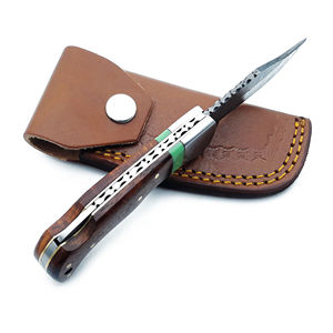 Couteau de poche pliable en acier inoxydable avec manche en bois, verrouillage, étui en cuir, lavable au lave-vaisselle, design moderne, fabrication sur mesure - Product Image 5
