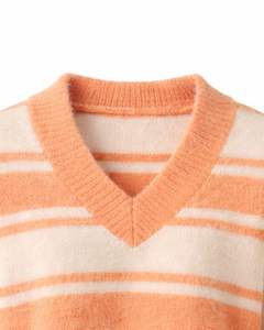 Customized Peach White Striped <b>Women</b> V Neck Knit Sweater Soft Fuzzy Fabric Long Sleeve <b>Cropped</b> Winter Casual Fashion Pullover - Product Image 5