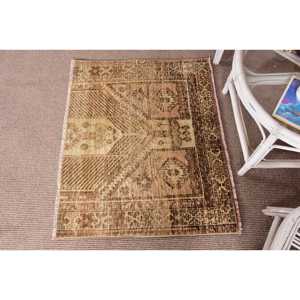 Vintage Turkish <b>Rug</b>, 3.2x2.6 ft Small <b>Rug</b>, Brown Beige <b>Check</b> <b>Rug</b> - Product Image 4