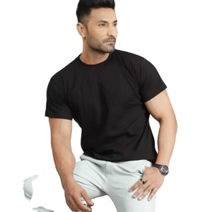 Camiseta básica negra de verano para hombre, Jersey Premium de algodón de calidad, logotipo personalizado, talla grande y alta, tela de punto con cuello OEM - Product Image 1