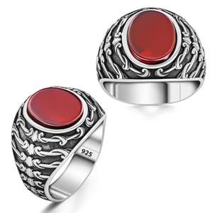 Anillo de Plata 925 con Piedra de Ágata Roja y Combinación de Cuentas de Oración, 12 mm x 10 mm, 24 cm de Longitud Total, 10.60 g - Product Image 1