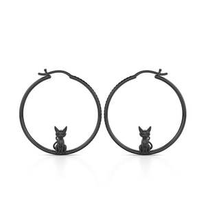 Jeulia Sterling Silver <b>Black</b> <b>Cat</b> Hoop Earrings-Animal Shape Design - Product Image 1