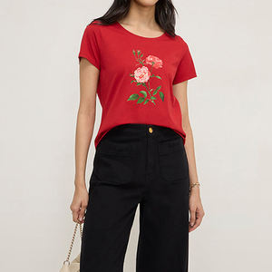 Camiseta sólida de manga corta con cuello redondo transpirable de algodón 100% para mujer de alta calidad con camiseta estampada con logotipo para mujer - Product Image 4