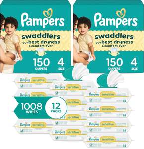 Pañales Desechables para Bebé Pampers Swaddlers Talla 4, Suministro para 2 Meses (2 x 150 Unidades) con Toallitas Húmedas Sensibles a Base de Agua - Product Image 1