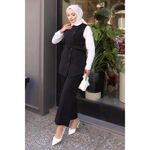 Ensemble décontracté noir à imprimé floral avec gilet et pantalon, ceinture incluse, en tissu tissé, longueurs longues et mi-longues, saison estivale, taille XL - Product Image 3