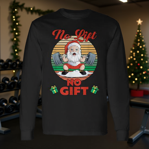 No Lift No Gift T-shirt a maniche lunghe per allenamento fitness di Babbo Natale - Product Image 3