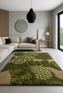 Tapis en mousse tufté à la main en bloc de soie de laine fait à la main vert foncé et clair pour salon maison chambre d'enfants - Product Image 2