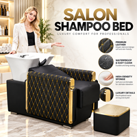 Kursi Cuci Rambut Mewah Warna Hitam dengan Trim Emas, Bahan Kulit PU, Dilengkapi Baskom Keramik dan Sandaran Kaki untuk Salon Profesional
