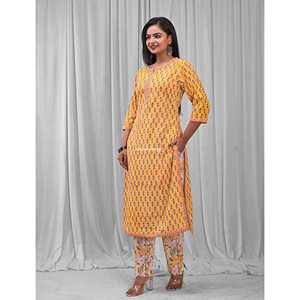 Ensemble de salwar kameez Anarkali en coton imprimé jaune (2 pièces) style ethnique indien pour les occasions spéciales avec tissu en filet - Product Image 4
